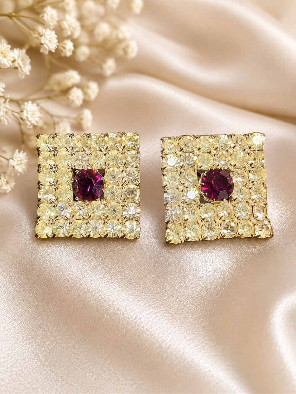Vintage Ruby Red Rhinestone Clip Earrings Silver Tone Square Statement